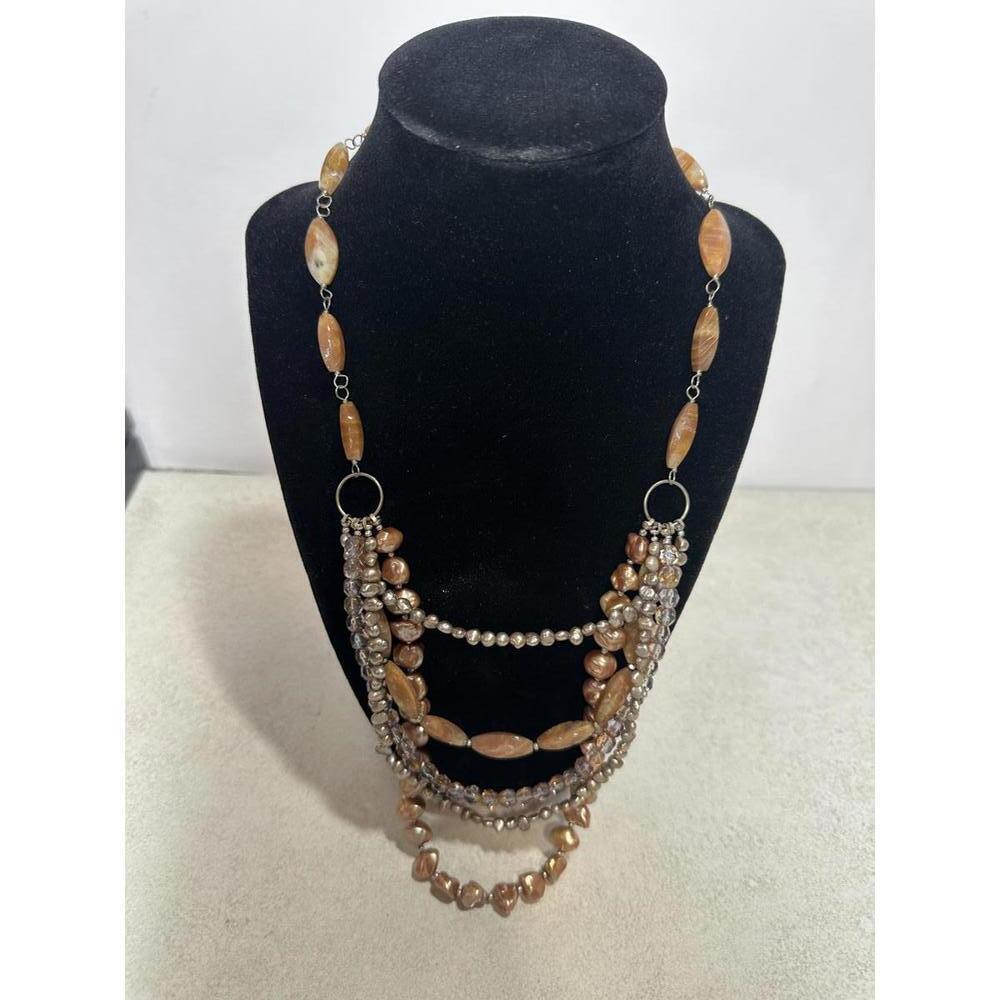 19” Multi Strand Freshwater Pearl Crystal Stone Statement Necklace